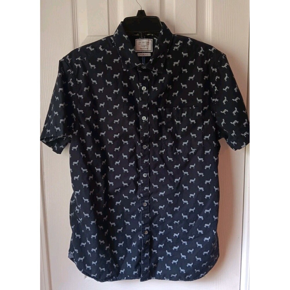 Men's On The Road Zebra Print Black Button Up Shirt L Slim Fit Short Sleeve